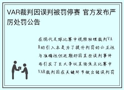 VAR裁判因误判被罚停赛 官方发布严厉处罚公告